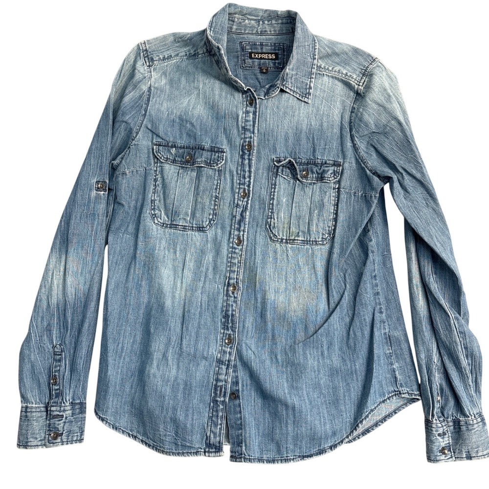 Express Womens Light Wash Denim Button Up Shirt Roll Tab Sleeve Size M